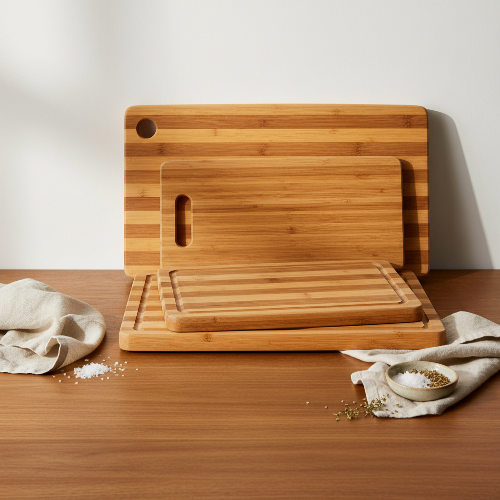 Bamboo Cutting Board Set of 3 sizes on a warm wooden surface