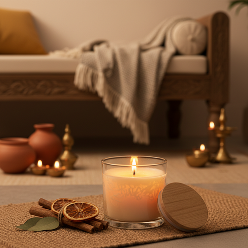 Handpoured soy wax candle in glass jar with warm candlelight glow