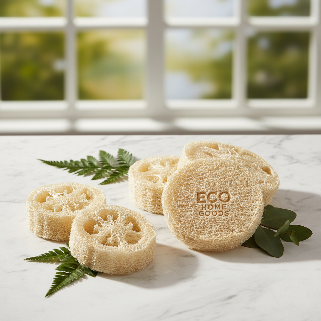 Natural loofah scrub pad set of 4 on white marble with green leaves