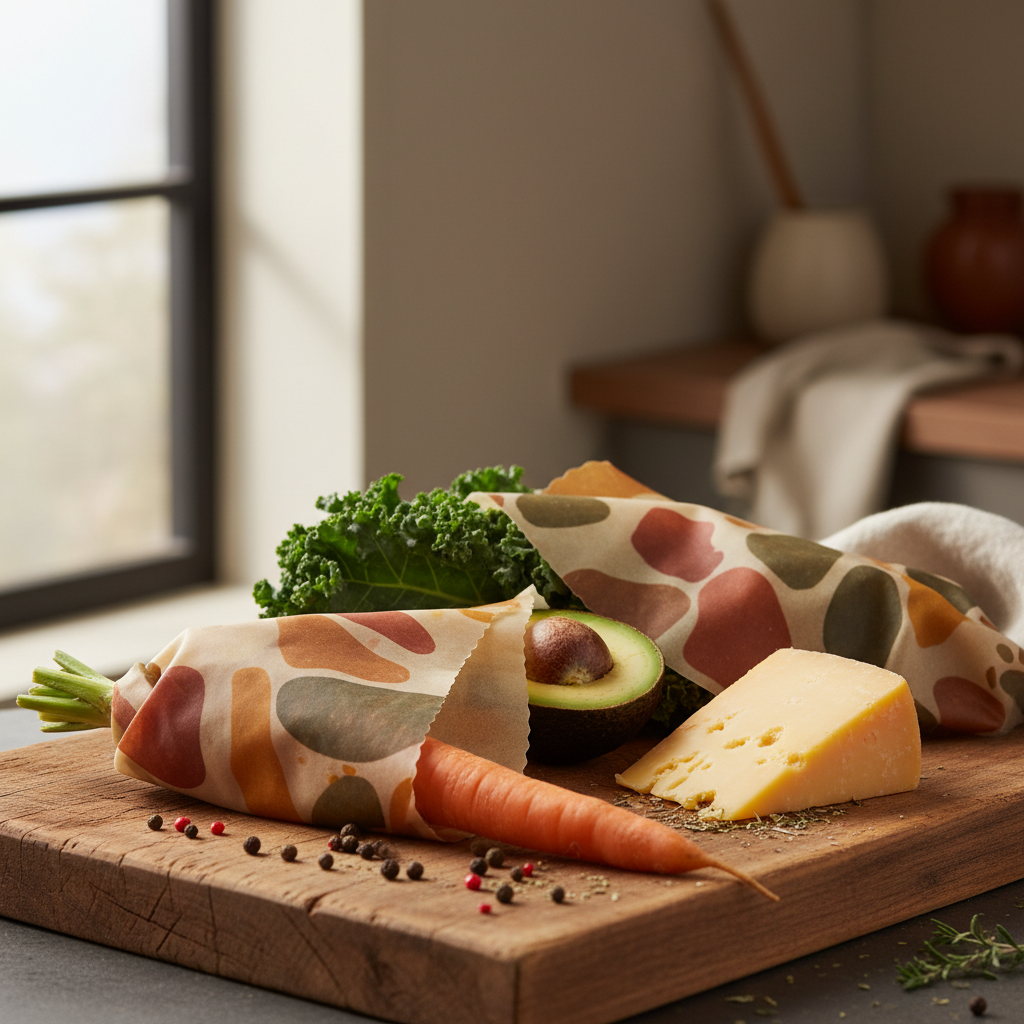 Organic beeswax food wraps around fresh vegetables and cheese
