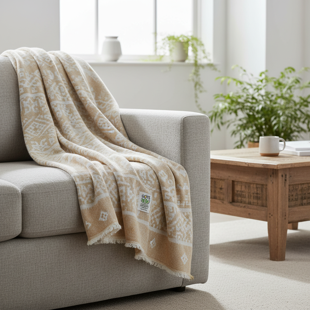 Organic cotton throw blanket in warm beige tones draped over a linen sofa