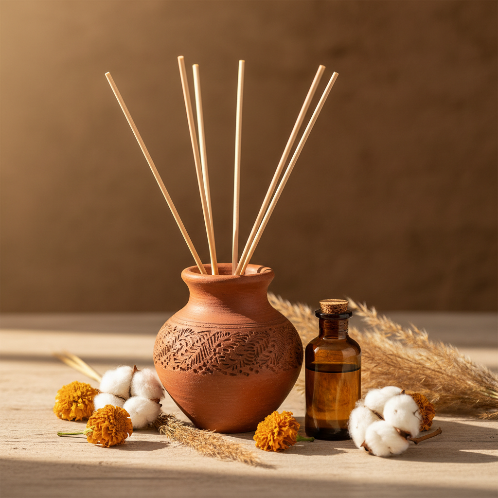 Terracotta reed diffuser set with rattan sticks and essential oil bottle