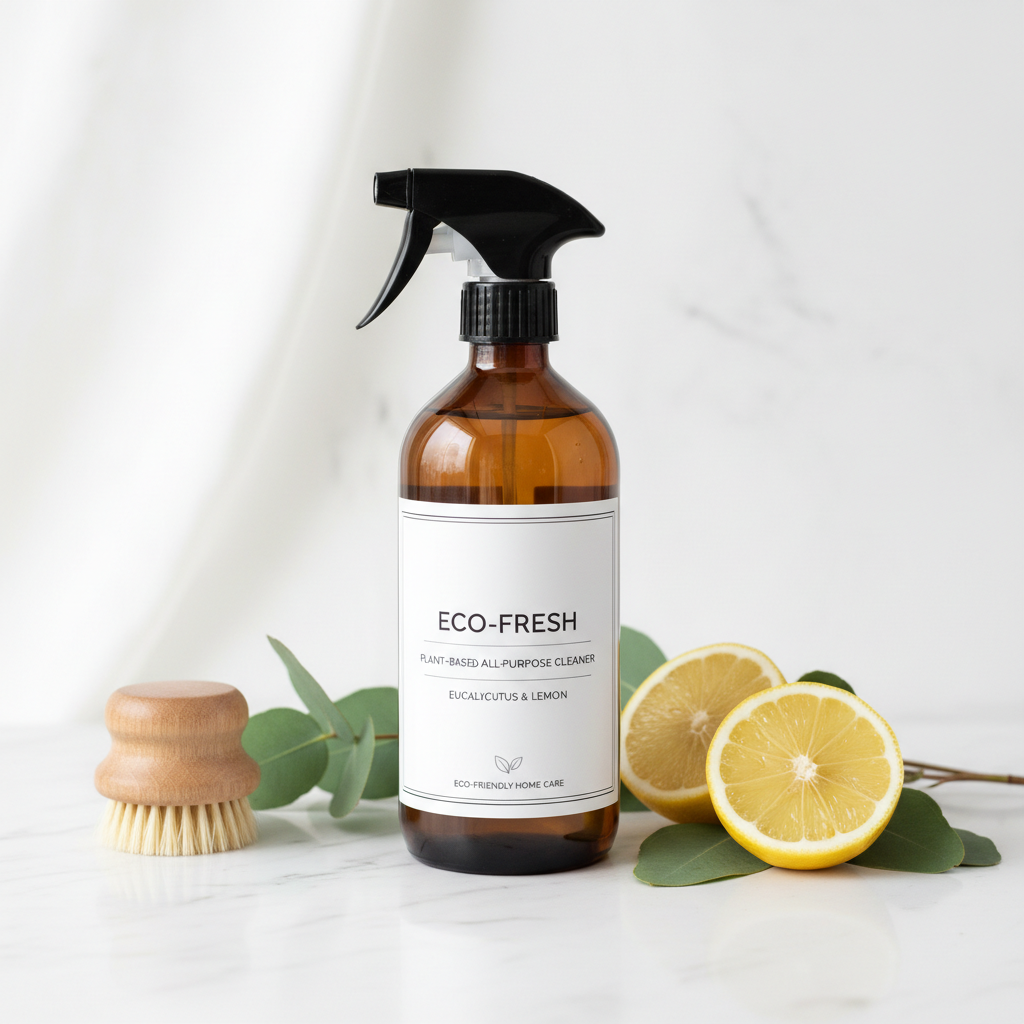 Plant-based all-purpose cleaner in amber glass spray bottle with eucalyptus and lemon