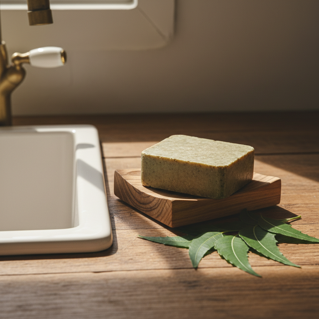 Natural neem dish wash bar on wooden soap dish with neem leaves