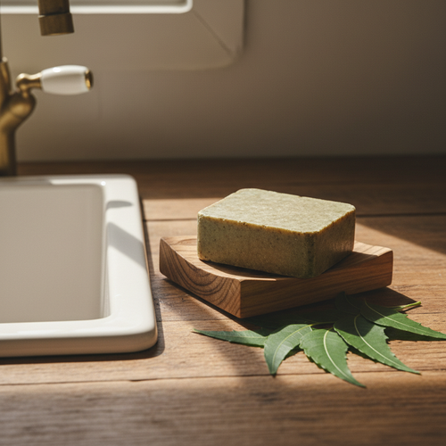 Natural neem dish wash bar on wooden soap dish with neem leaves