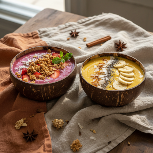 Handcrafted coconut shell bowls with smoothie and granola
